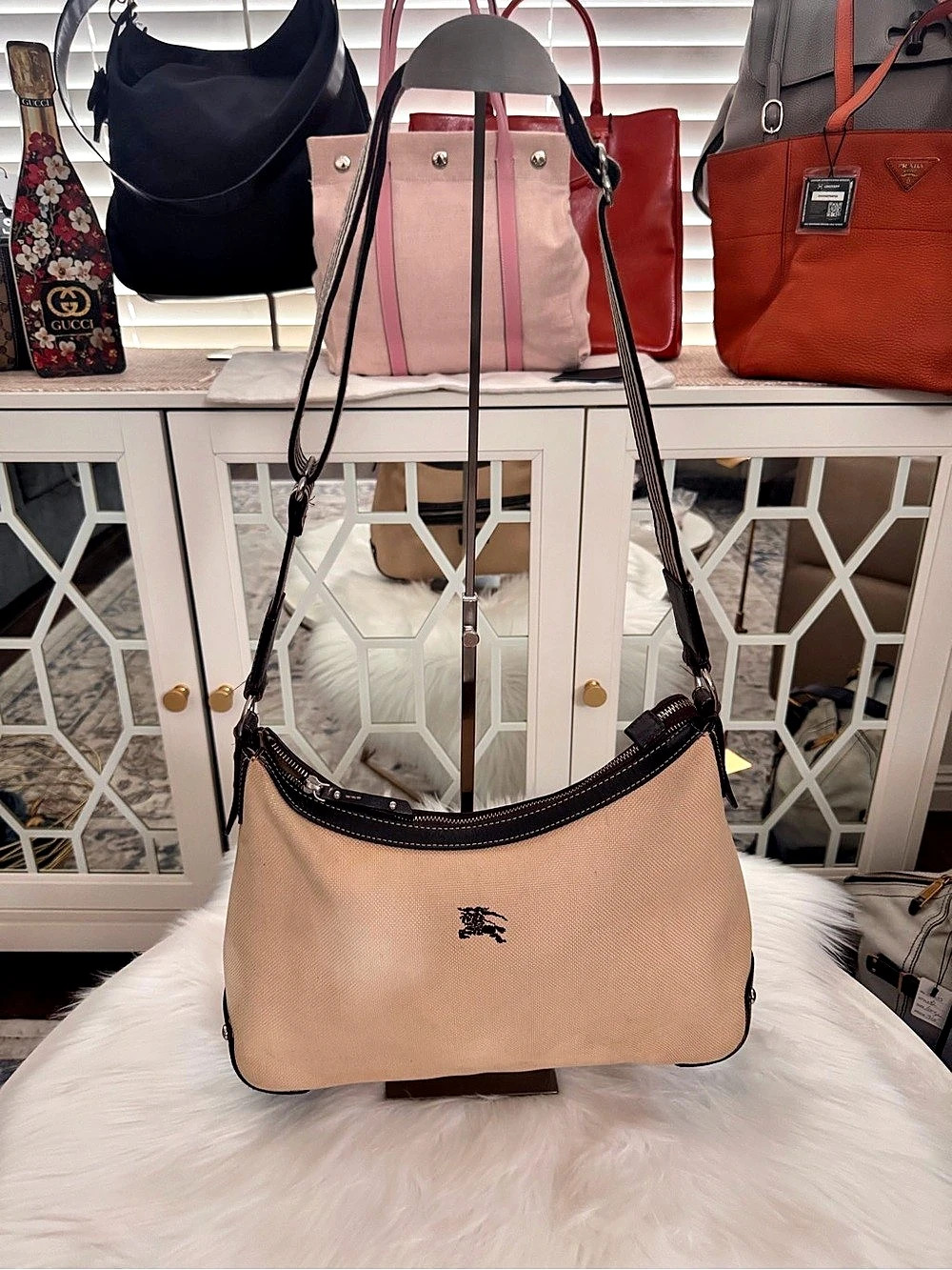 Burberry Blue Label Canvas Tan & Black Shoulder Bag